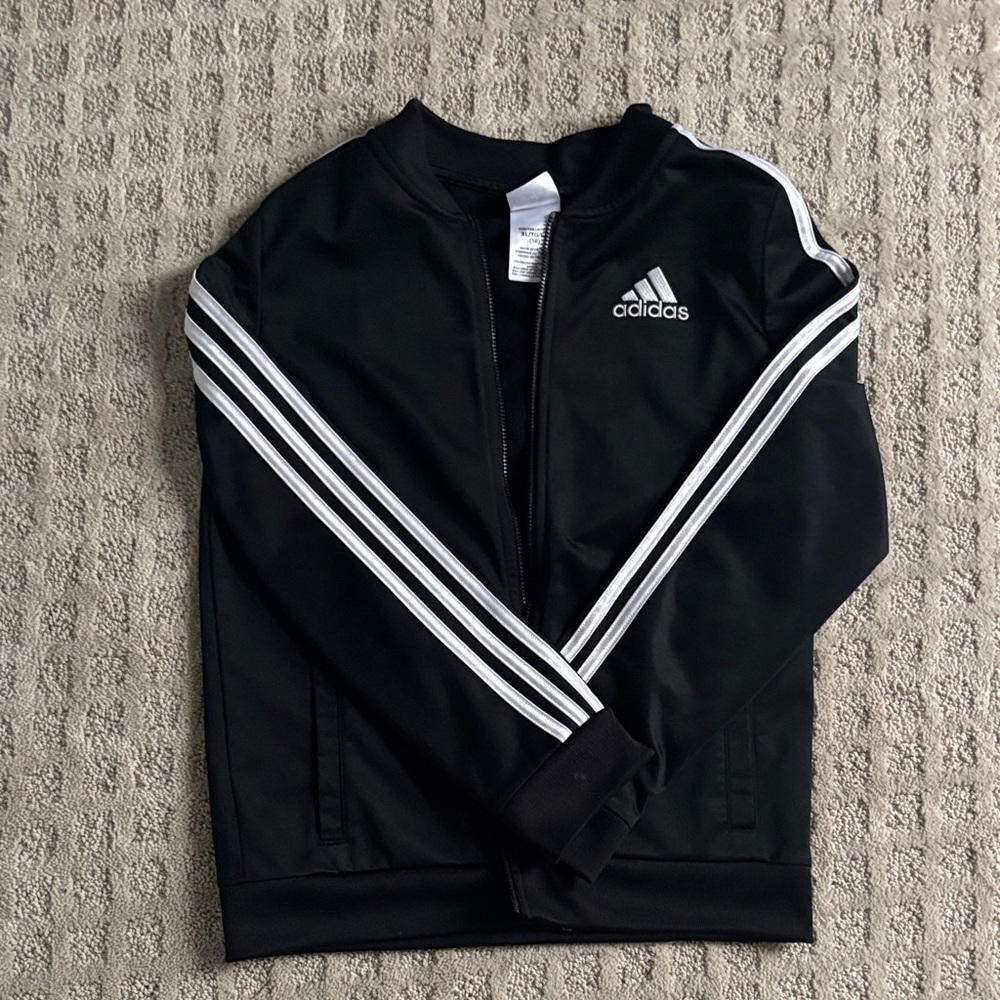 Adidas Kids Black Swim Jacket with White Stripes